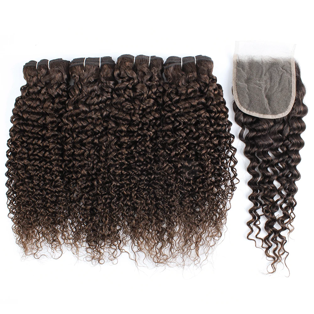 

#2 Jerry Curly 3/4 Bundles With 4*4 Lace Closure Darkest Brown Color Remy Brazilian Human Hair Wefts 4x4 Lace Closures