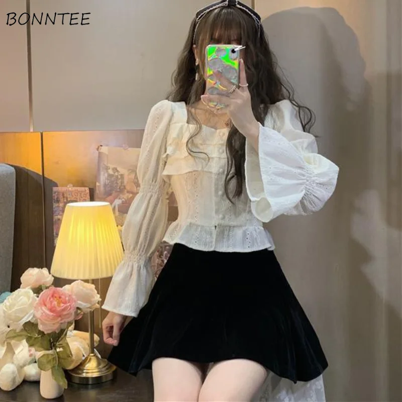 Shirts Women Pure Minimalist Sweet Design Flare Sleeve Korean Style Femme Fashion Leisure Spring Cropped Clothes All-match Daily
Shirts Women Pure Minimalist Sweet Design Flare Sleeve Korean Style Femme Fashion Leisure Spring Cropped Clothes All-match Daily