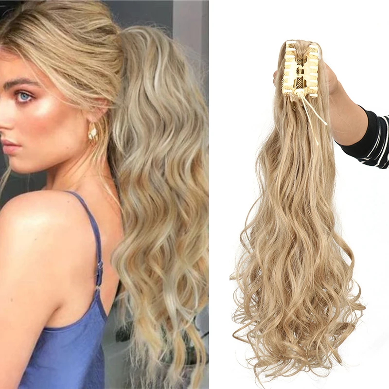 

Synthetic Wavy Ponytail hair extension 24inch Long Claw Clip Ponytail hairpiece ombre blonde Natural fibre Pony Tail Daily Party