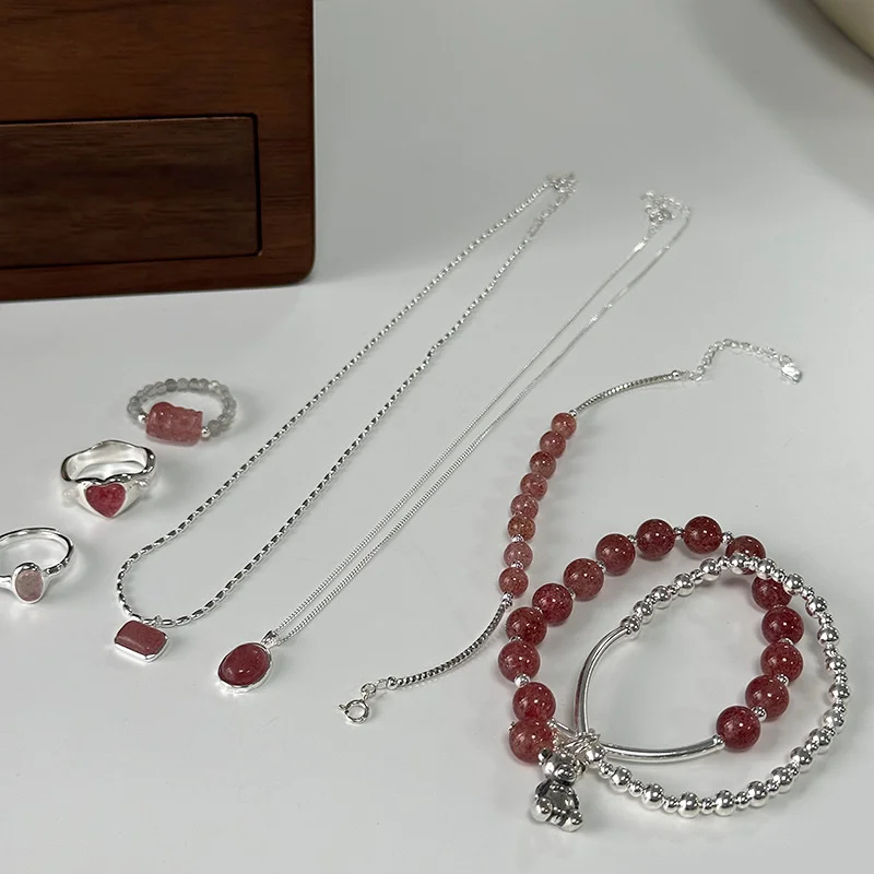 

Strawberry Crystal Silver Jewelry Combination Women's Inlaid Natural Stone Series Versatile Necklace Bracelet Overlay