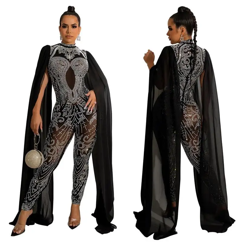 

Sexy Diamonds Sheer See Through Night Party Club Jumpsuits Women Mesh Cape Outfit Overalls Autumn Mock Neck Shawl Sleeve Rompers