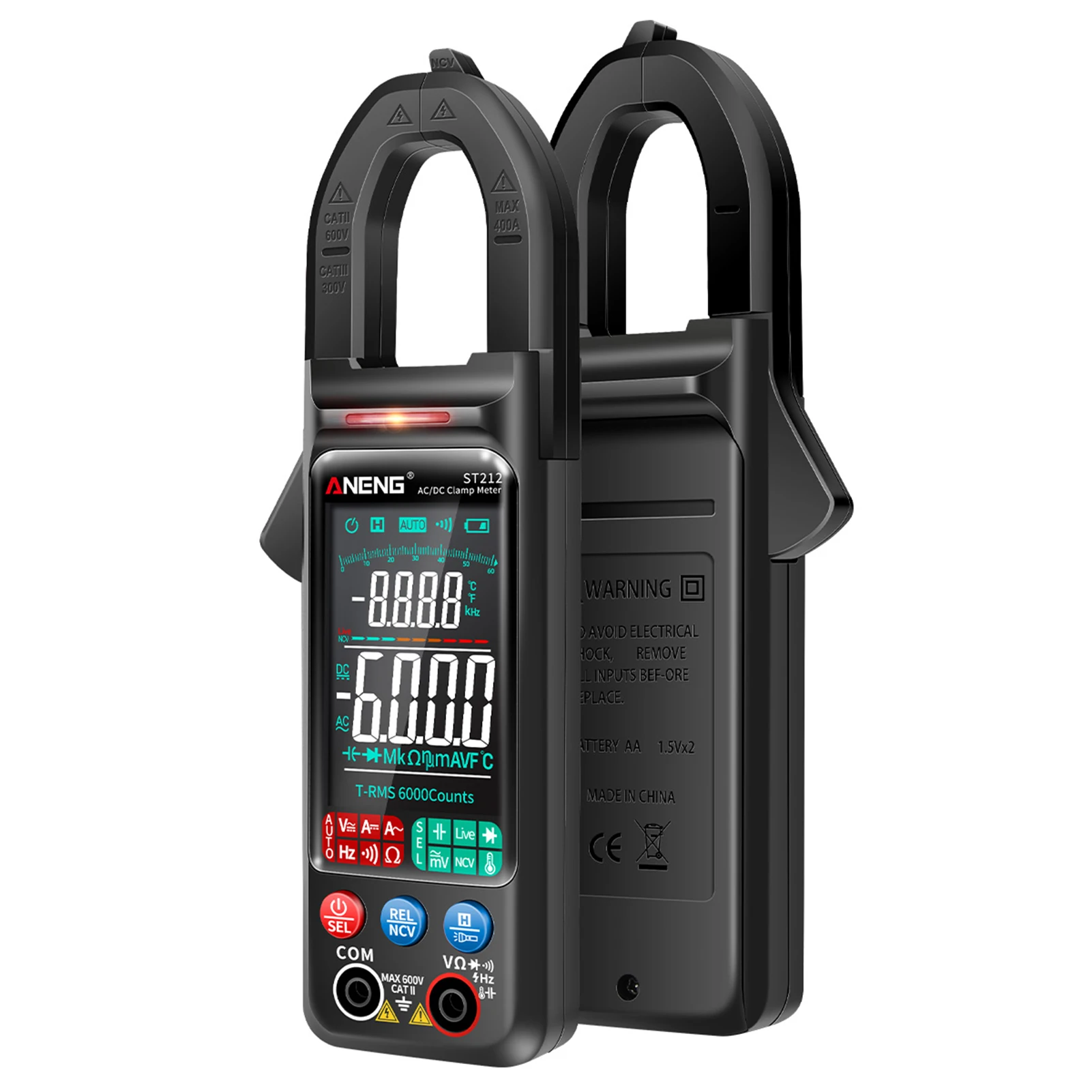 ANENG ST212 Intelligent Digital Clamp Multimeter 6000 Counts AC & DC Voltmeter 400A Ammeter VA Colored Display Auto Range
ANENG ST212 Intelligent Digital Clamp Multimeter 6000 Counts AC & DC Voltmeter 400A Ammeter VA Colored Display Auto Range