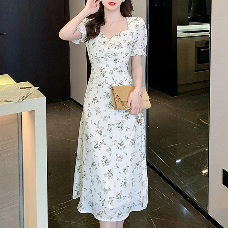 

Летнее облегающее длинное шифоновое платье, новое модное французское Цветочное платье для женщин, милое женское платье с коротким рукавом, 25395