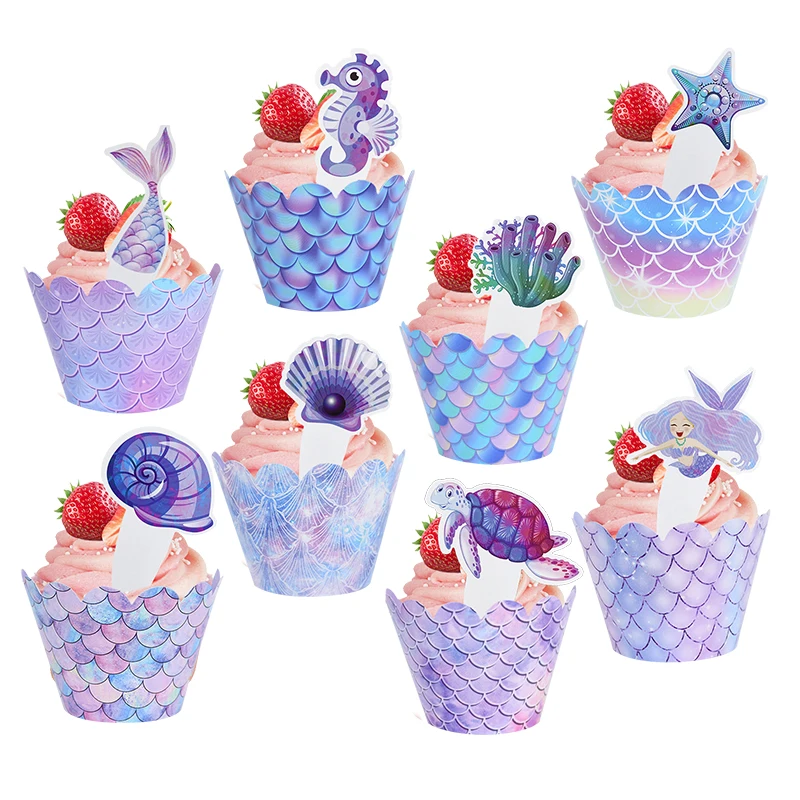 

12pcs/set Mermaid Cake Rim Shell Turtle Seaweed Cupcake Decor Mermaid Birthday Decoration Cupcake Wrapper Wedding Party Supplies