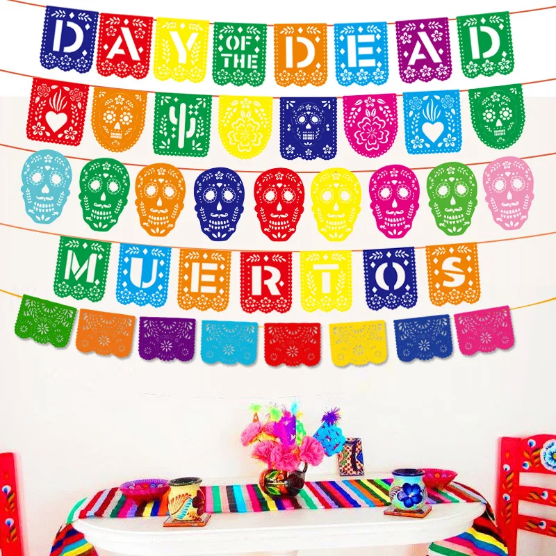 

Festival of The Dead Decorated with Flags Day of The Dead Colorful Drawing Skull Head Color Drawing Hair Felt Banner confetti