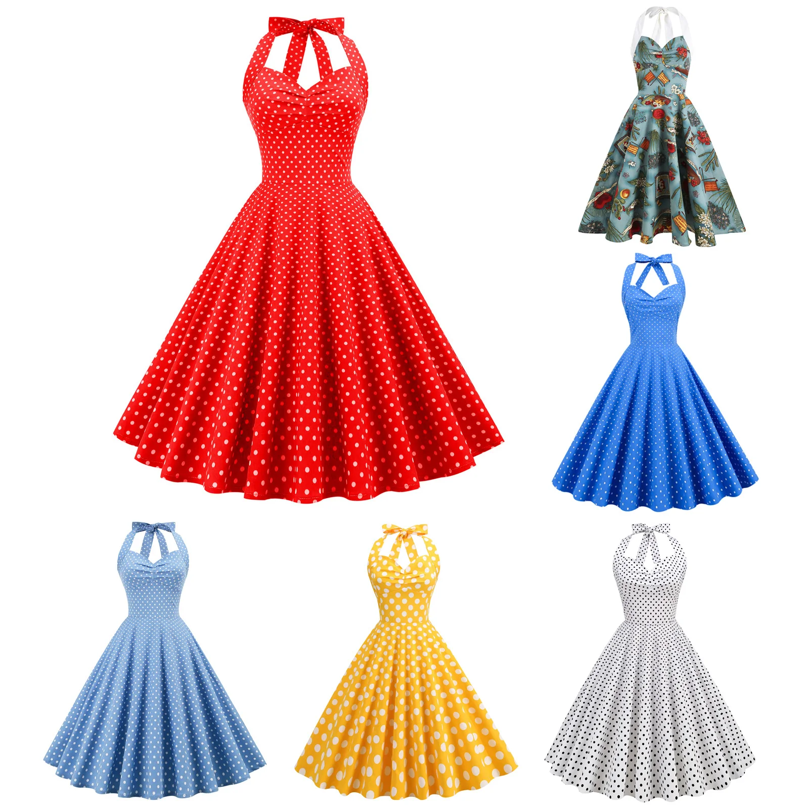 

2023 Women Vintage Halterneck Dress Retro Rockabilly Polka Dot Cocktail Party 1950s 40S Swing Dress Summer Dress Casual Dress