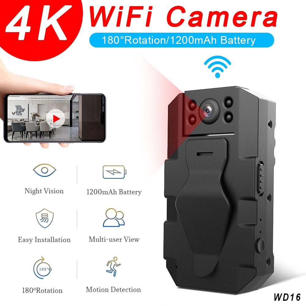 WD16 Mini 4K Hd Wifi Camera 180 Graden Recorder Met Back Clip Remote Monitoring Video Nachtzicht Camcorder
WD16 Mini 4K Hd Wifi Camera 180 Graden Recorder Met Back Clip Remote Monitoring Video Nachtzicht Camcorder
