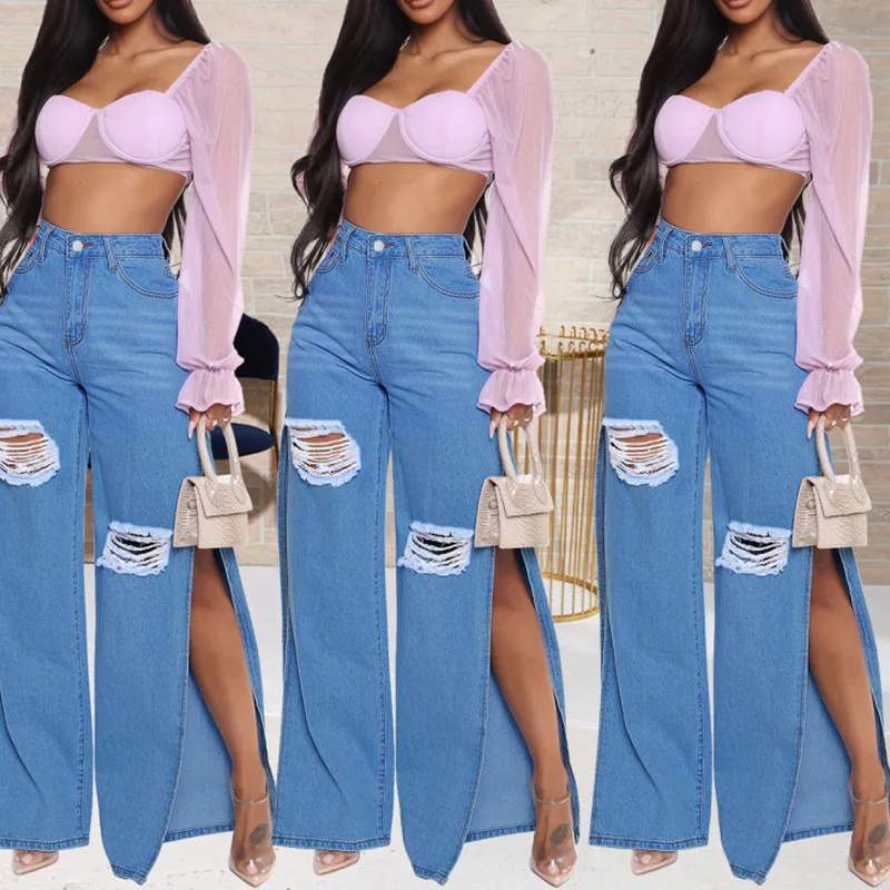 Spring Autumn New High Street 2022 Ladies Fashion Club Blue Sexy Hole Jeans Women Stretch Split Wide Leg Denim Flare Long Pants
Spring Autumn New High Street 2022 Ladies Fashion Club Blue Sexy Hole Jeans Women Stretch Split Wide Leg Denim Flare Long Pants