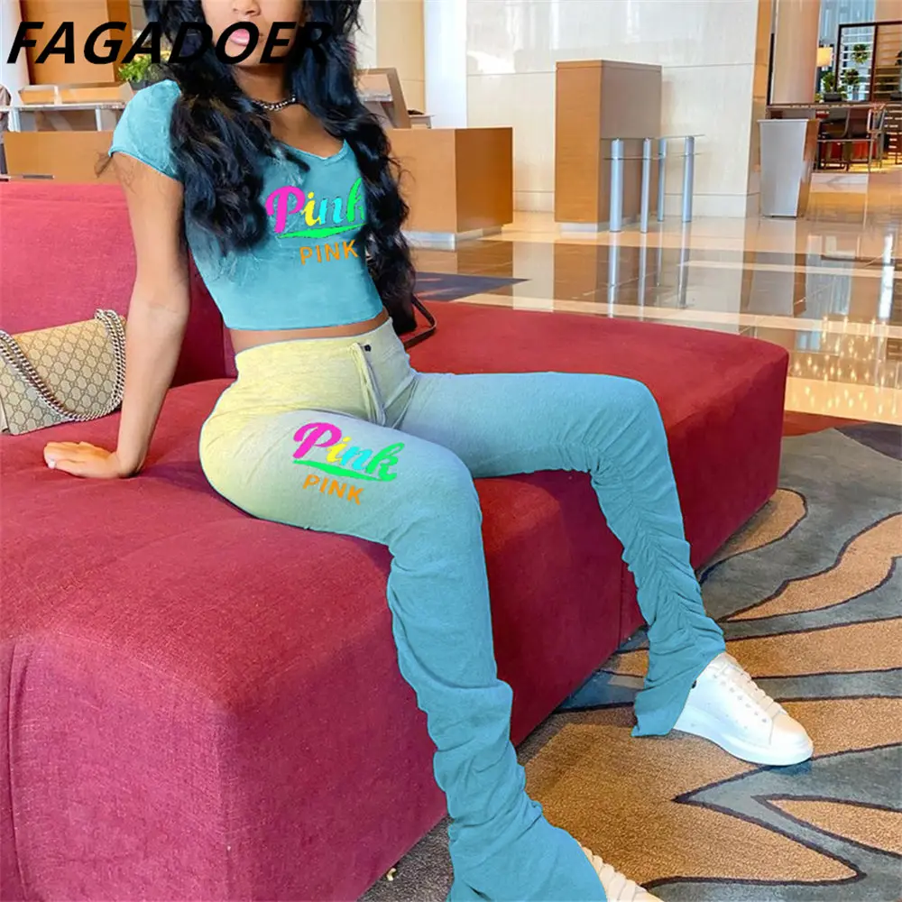 FAGADOER Fashion Gradient PINK Letter Print Tracksuits Women Round Neck Short Sleeve Crop Top And Stacked Pants Two Piece Sets
FAGADOER Fashion Gradient PINK Letter Print Tracksuits Women Round Neck Short Sleeve Crop Top And Stacked Pants Two Piece Sets