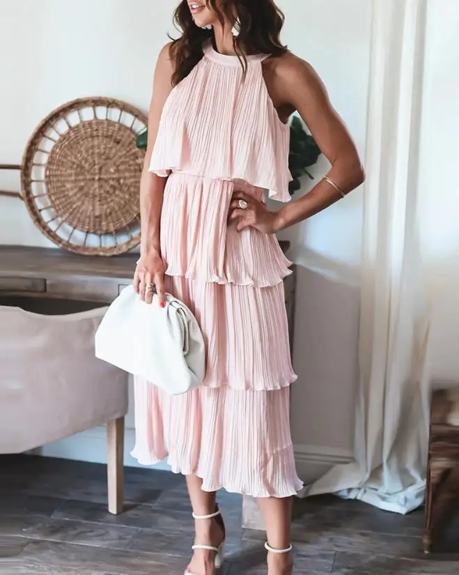 Women's Sweet Halter Casual Dress Pleated Layered O-Neck Sleeveless Design Summer Plain Ruched Mid-Calf Wedding Guest Dresses
Women's Sweet Halter Casual Dress Pleated Layered O-Neck Sleeveless Design Summer Plain Ruched Mid-Calf Wedding Guest Dresses