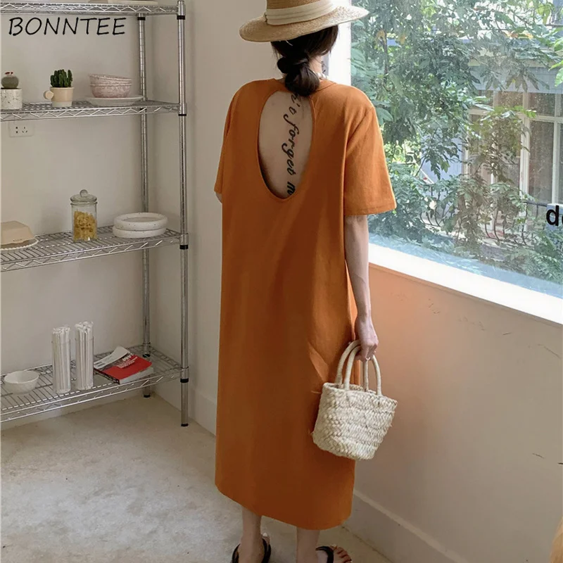Dresses Women Backless Elegant Loose Design All-match Mid-calf Popular Summer Temperament Simple O-neck Vestidos Holiday Street
Dresses Women Backless Elegant Loose Design All-match Mid-calf Popular Summer Temperament Simple O-neck Vestidos Holiday Street