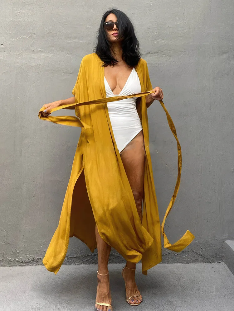 

Elegant Yellow Kimonos Cover Ups for Swimwear Women Beach Outfits Pareo Tunic Female Clothes Summer Bathing Suit Saida De Praia