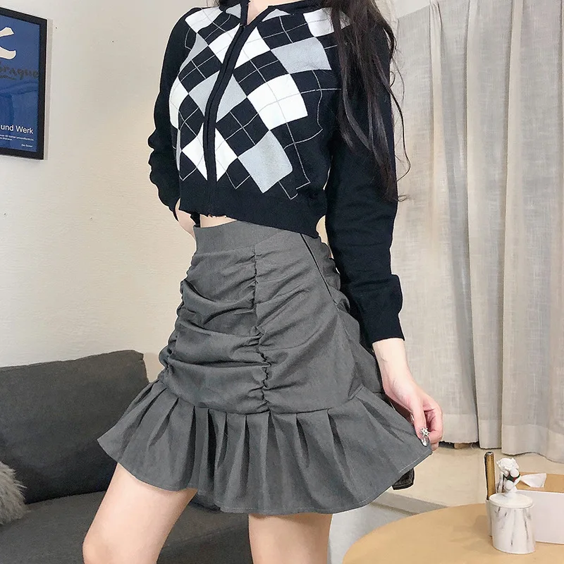 

2022 College Style Harajuku 2022 High-waisted Pleated Zippered Skirt Solid Color Ruffled Half-length Short Hip Fishtail Skirt