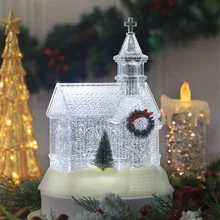 Crystal Snow House Church Music Box Luminous Candlestick Ornaments Christmas Tree Decoration Kids Gifts