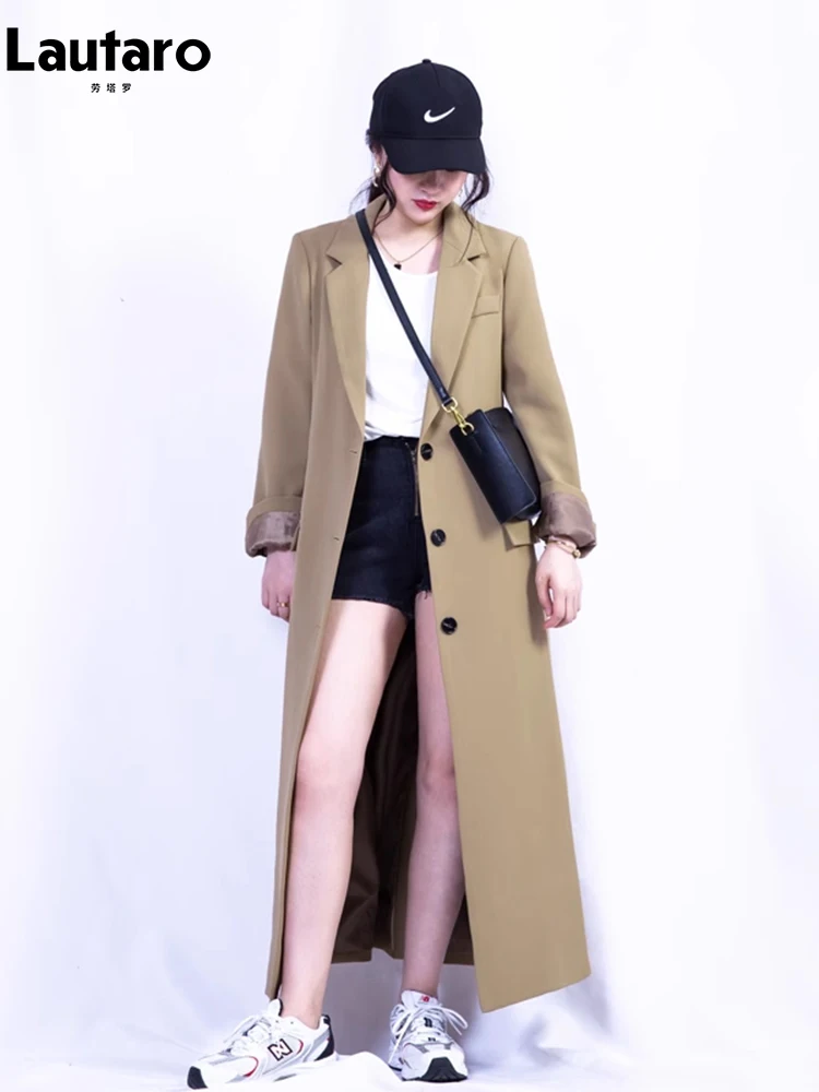 

Lautaro Spring Autumn Long Khaki Black Trench Coat for Women Single Breasted A Line Loose Casual Korean Fashion Clothing 2023