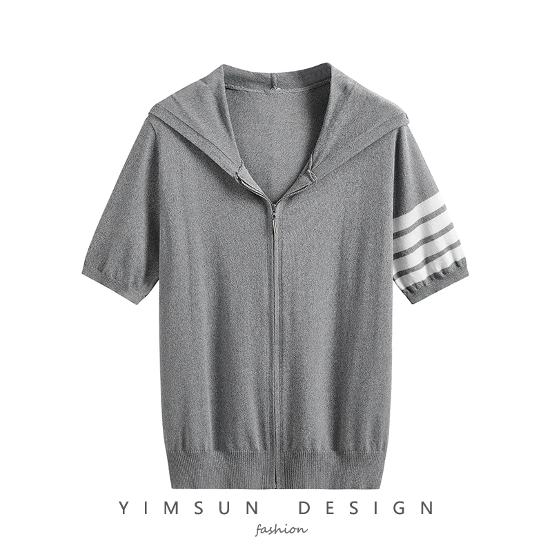 

2021 summer new tbb four-bar thin ice silk hooded knitted cardigan casual British style top T-shirt trend