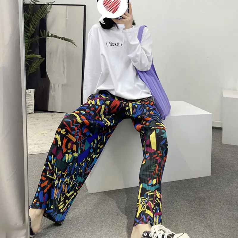 

Women 2022 Summer New Loose Wide Legs Pants Drape Pants Female Thin High Waist Mopping Pants Ladies Casual Printed Trousers P140