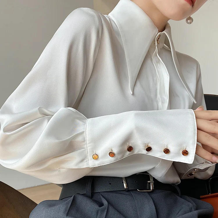 

Acetate Satin Big Collar White Shirt Women's Draped Design Sense Niche High End Long Sleeve Shirt Foreign Top Satin Women Blouse