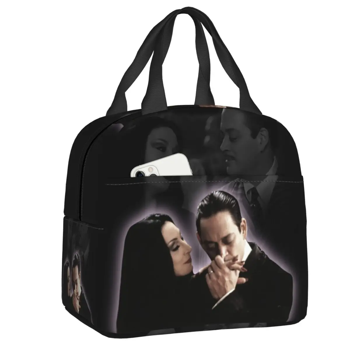 

Custom Couple Goals Morticia And Gomez Addams Lunch Bag Women Cooler Warm Insulated Lunch Boxes for Kids School Children