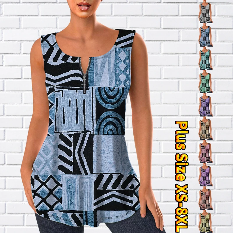 Женский Свободный Топ без рукавов, Повседневная футболка на молнии с V-образным вырезом и 3D-принтом, лето 2023