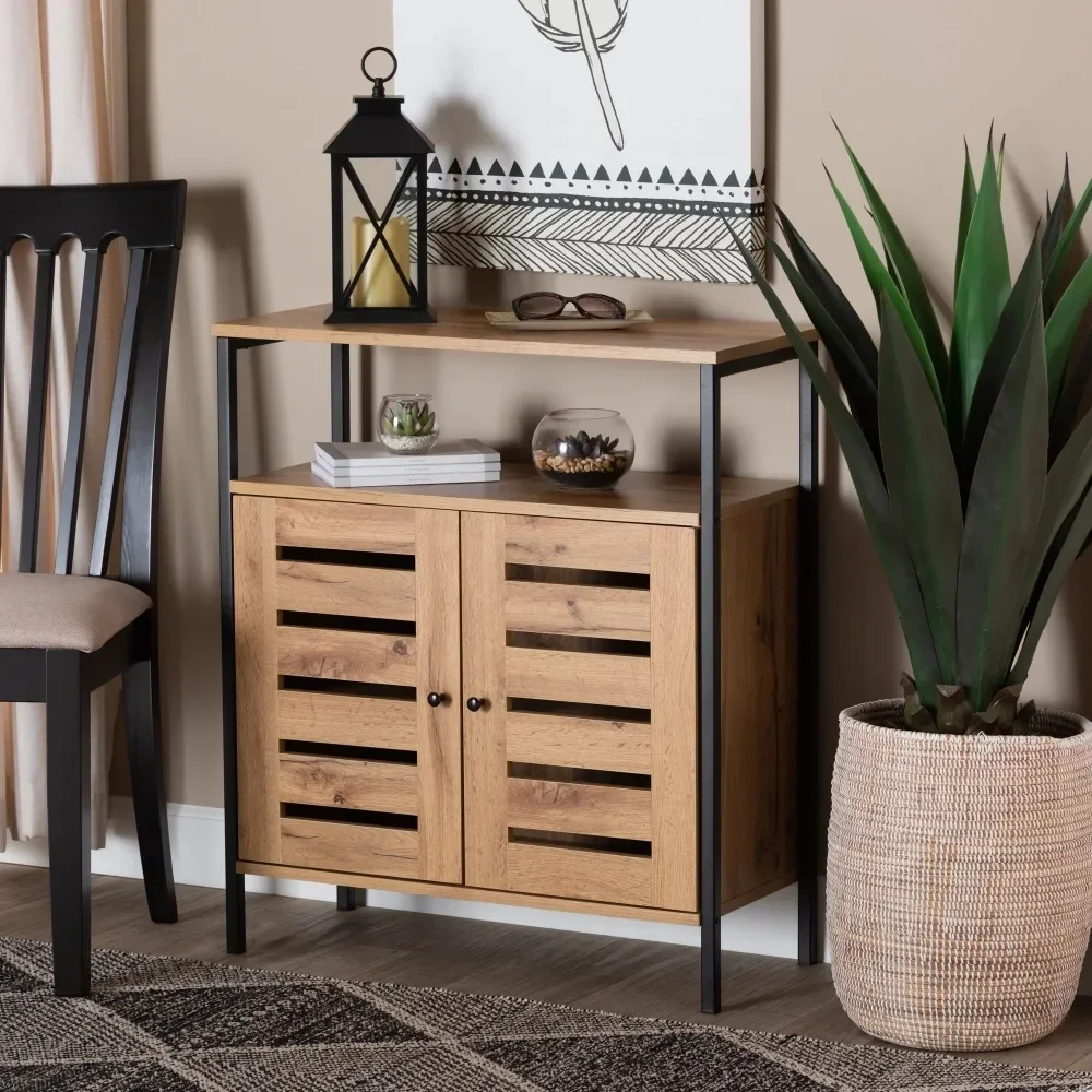 Modern and Contemporary Oak Brown Finished Wood and Black Metal 2-Door Shoe Cabinet
Modern and Contemporary Oak Brown Finished Wood and Black Metal 2-Door Shoe Cabinet