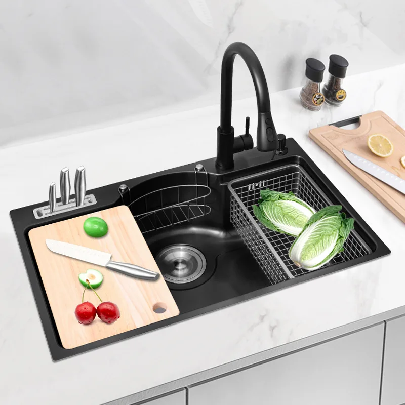 78X48cm Nano Black Kitchen Sink 304 Stainless Steel Sink Single Bowl Multifunctional Table Board Drain Basket Pull Out Faucet
78X48cm Nano Black Kitchen Sink 304 Stainless Steel Sink Single Bowl Multifunctional Table Board Drain Basket Pull Out Faucet