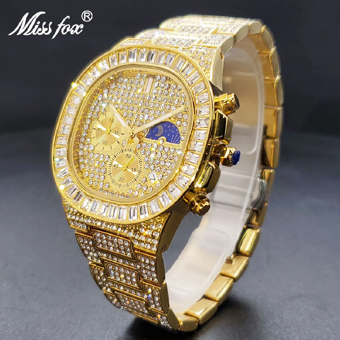 Luxury Gold Watch For Men Hip Hop Jewelry Multifunctional Moon Phase Watches Power By Battery Square Diamond Clock Droshipping
Luxury Gold Watch For Men Hip Hop Jewelry Multifunctional Moon Phase Watches Power By Battery Square Diamond Clock Droshipping