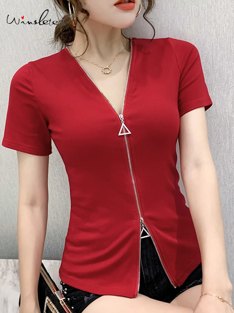 Summer 2022 T-shirt Women Cotton Slim Stretchy Zipper Sexy V-neck Short Sleeve Tops Tees Multi Colors T24817X
Summer 2022 T-shirt Women Cotton Slim Stretchy Zipper Sexy V-neck Short Sleeve Tops Tees Multi Colors T24817X