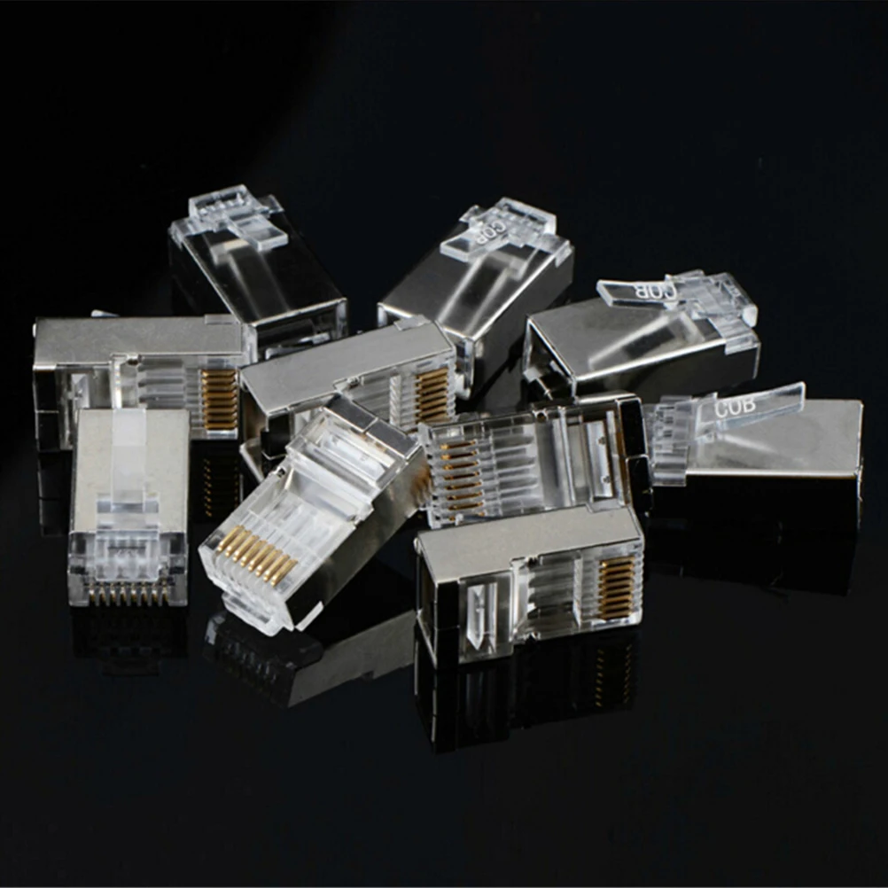 

50Pcs RJ45 Cat6 8Pin 8P8C Shielded Stranded Crimp Modular Plug Connector Socket Iron Metal Shell Crystal Head