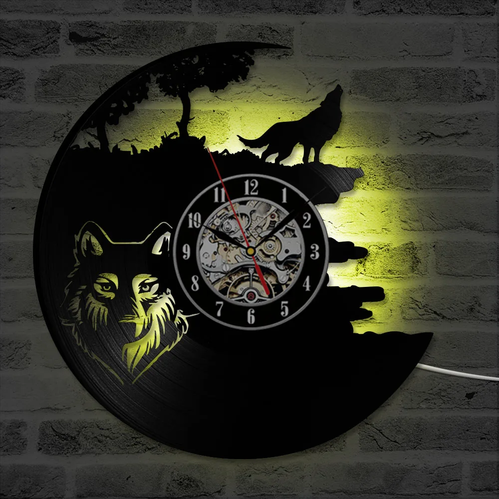 

Forest Wolf Vinyl Record Wall Clock Man Cave Accessories Howling Wolf Wild Nature Art Silent Non Ticking Clock Watch For Bedroom