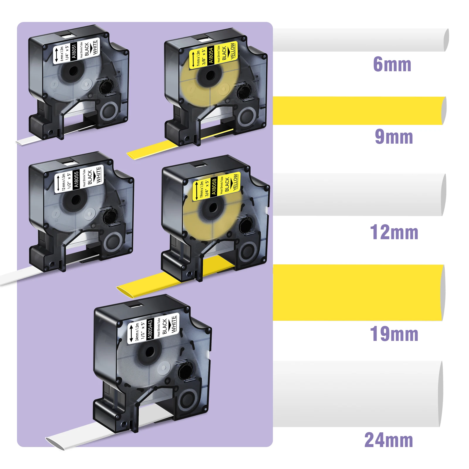 5PK 6/9/12/19/24mm Label Tape For Dymo Heat Shrink Tubes 18051 18052 18053 18054 18055 Black on White/Yellow for Rhino 4200 5200
5PK 6/9/12/19/24mm Label Tape For Dymo Heat Shrink Tubes 18051 18052 18053 18054 18055 Black on White/Yellow for Rhino 4200 5200