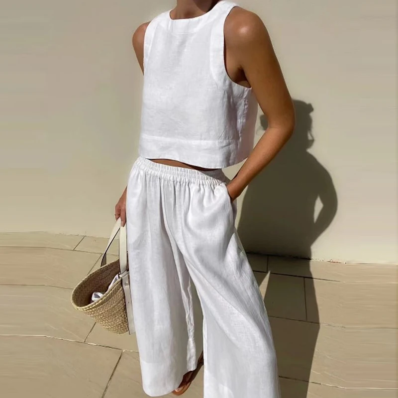 Casual Solid Cotton Linen Set Women 2023 Spring O Neck Sleeveless Tank Tops & Wide Leg Pants Outfits Retro Two Piece Summer Suit
Casual Solid Cotton Linen Set Women 2023 Spring O Neck Sleeveless Tank Tops & Wide Leg Pants Outfits Retro Two Piece Summer Suit
