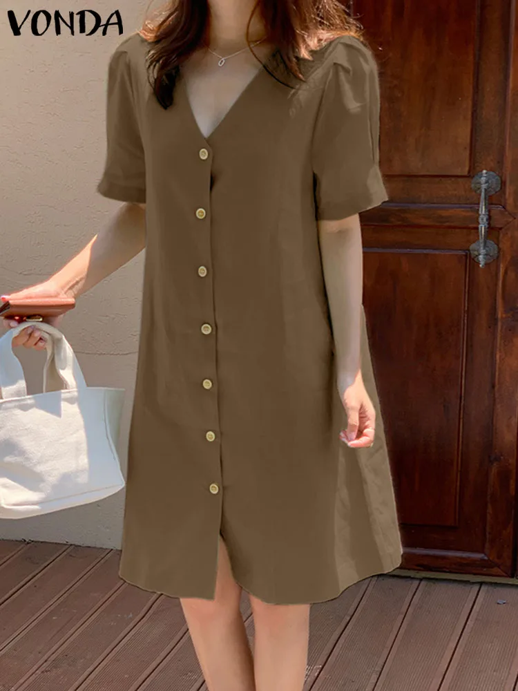 Women Summer Mini Dress VONDA 2023 Sexy V Neck Short Sleeve Casual Shirt Sundress Loose Buttons Solid Color Holiday Robe Femme
Women Summer Mini Dress VONDA 2023 Sexy V Neck Short Sleeve Casual Shirt Sundress Loose Buttons Solid Color Holiday Robe Femme