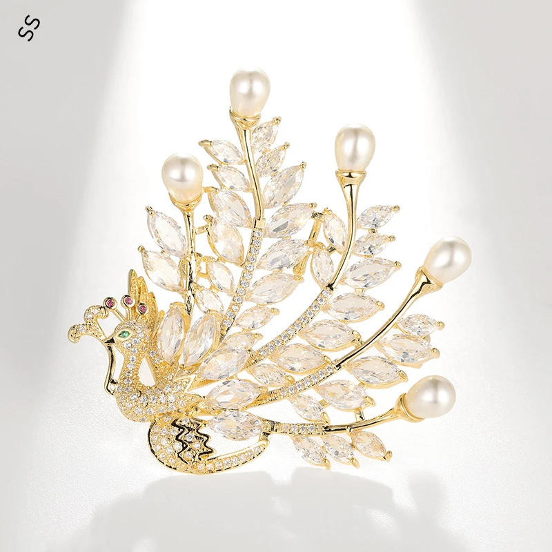 

High-grade Elegant Copper Zircon Phoenix Brooch Natural Freshwater Pearl Corsage Atmospheric Accessory Pin