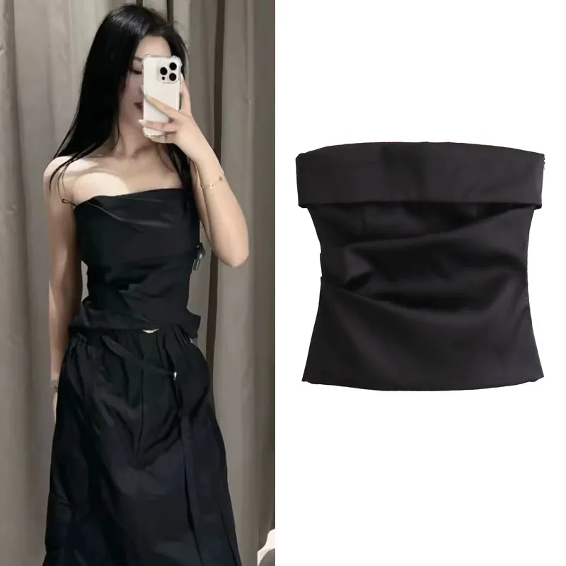 

TRAF Black Crop Tops Women Satin Off Shoulder Corset Top Woman Sexy Straight Neck Tanks Female Side Zip-Up Aesthetic Clothing