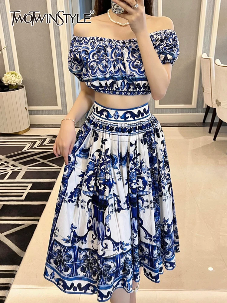 TWOTWINSTYLE Print Two Piece Set Womens Slash Neck Short Sleeve Tops High Waist A Line Midi Skirt Colorblock Sets Female Clothes
TWOTWINSTYLE Print Two Piece Set Womens Slash Neck Short Sleeve Tops High Waist A Line Midi Skirt Colorblock Sets Female Clothes