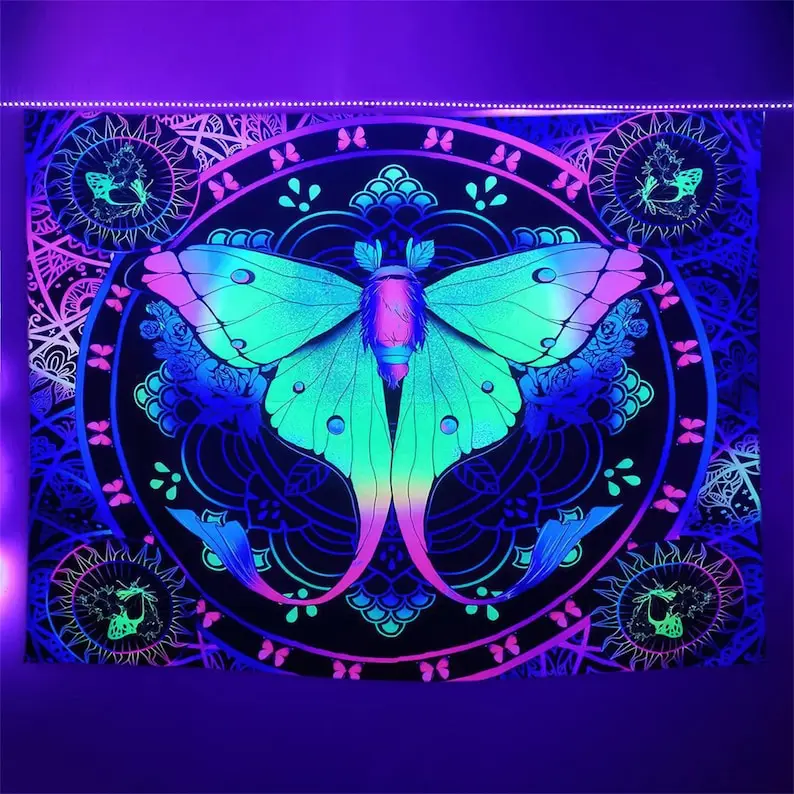 

Blacklight Moth Tapestry UV Reactive Mandala Tapestries Aesthetics Posters Wall Hanging Party Decor Glows in the Dark Tapestry