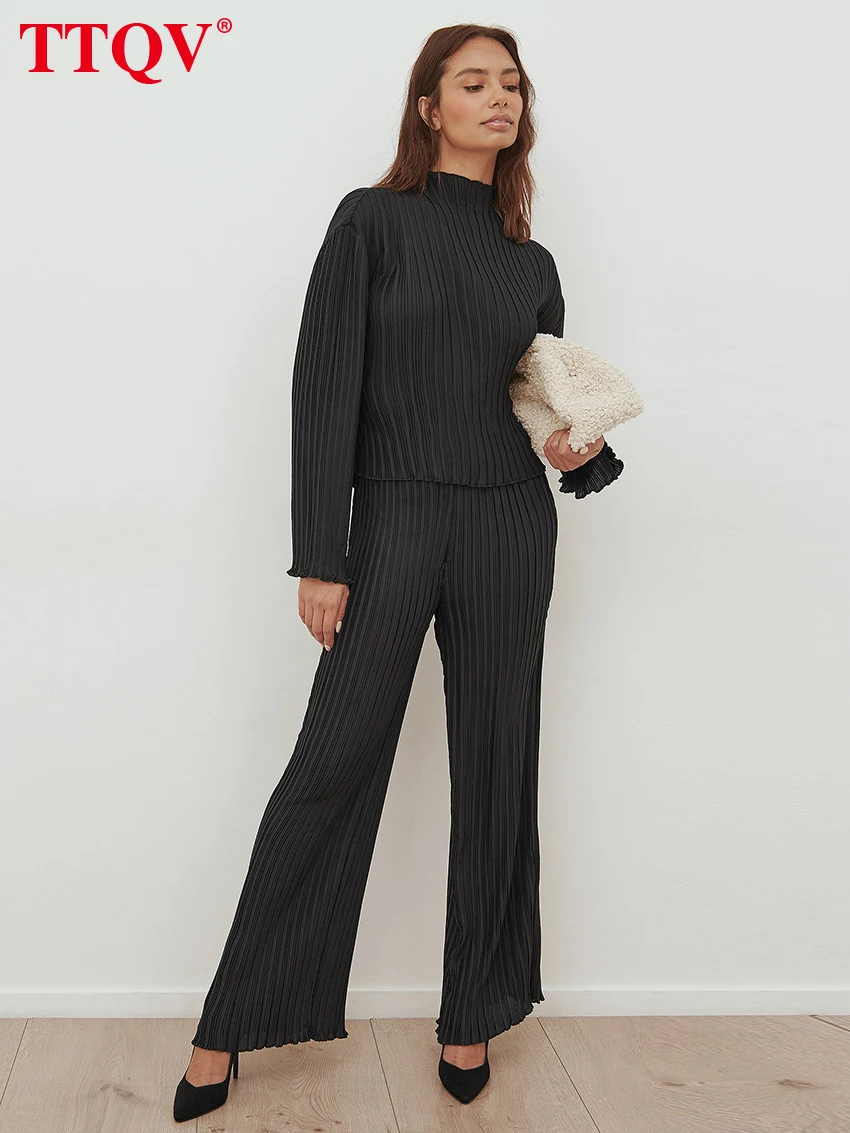 TTQV Casual Black Pleated Women Two Piece Outfits 2023 Elegant Long Sleeve Tops And High Waisted Straight Trousers Sets
TTQV Casual Black Pleated Women Two Piece Outfits 2023 Elegant Long Sleeve Tops And High Waisted Straight Trousers Sets