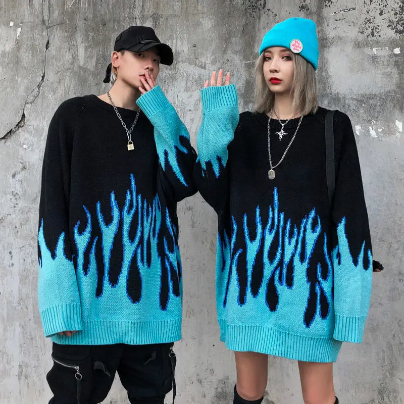 

High Street Flame Sweater Couple Hip Hop Couple Baggy Plus Size Knitwear