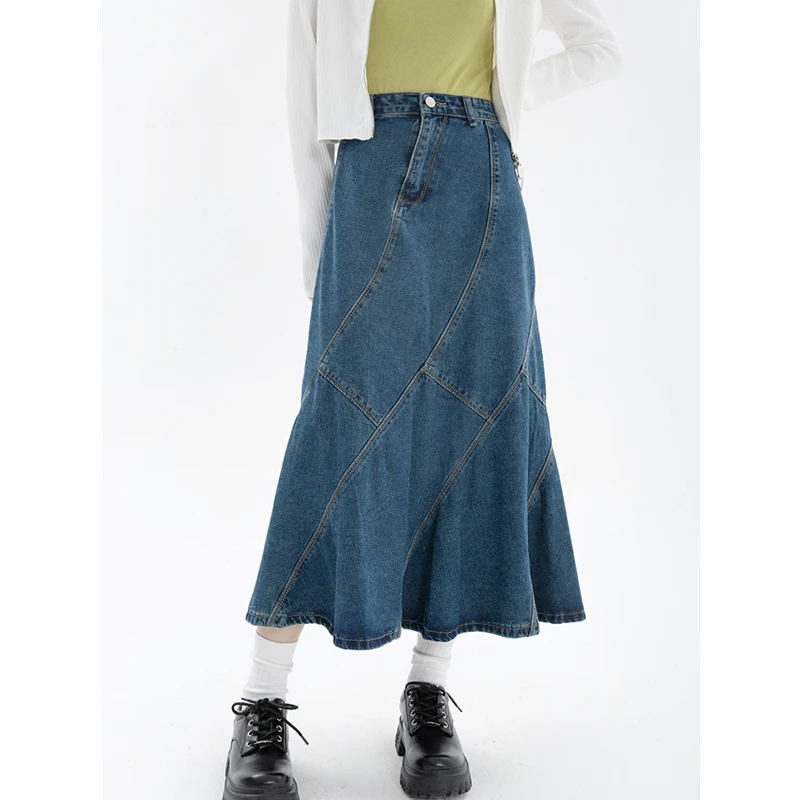Женская джинсовая юбка-годе с высокой талией голубая повседневная в винтажном