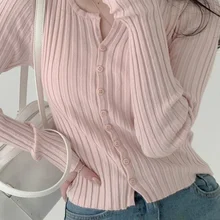 IAMHOTTY Ribbed Cotton Knitted Top Pink Japanese Fashion Softcore Kawaii Cropped Top Autumn Casual Basic Cardigan Women Outfit
