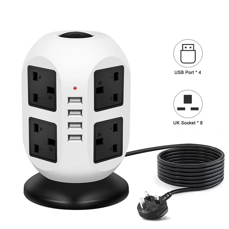 

Tower Power Strip Vertical UK Plug Adapter Outlets 8 way AC Multi Electrical Sockets with USB Surge Protector 3m Extension Cord