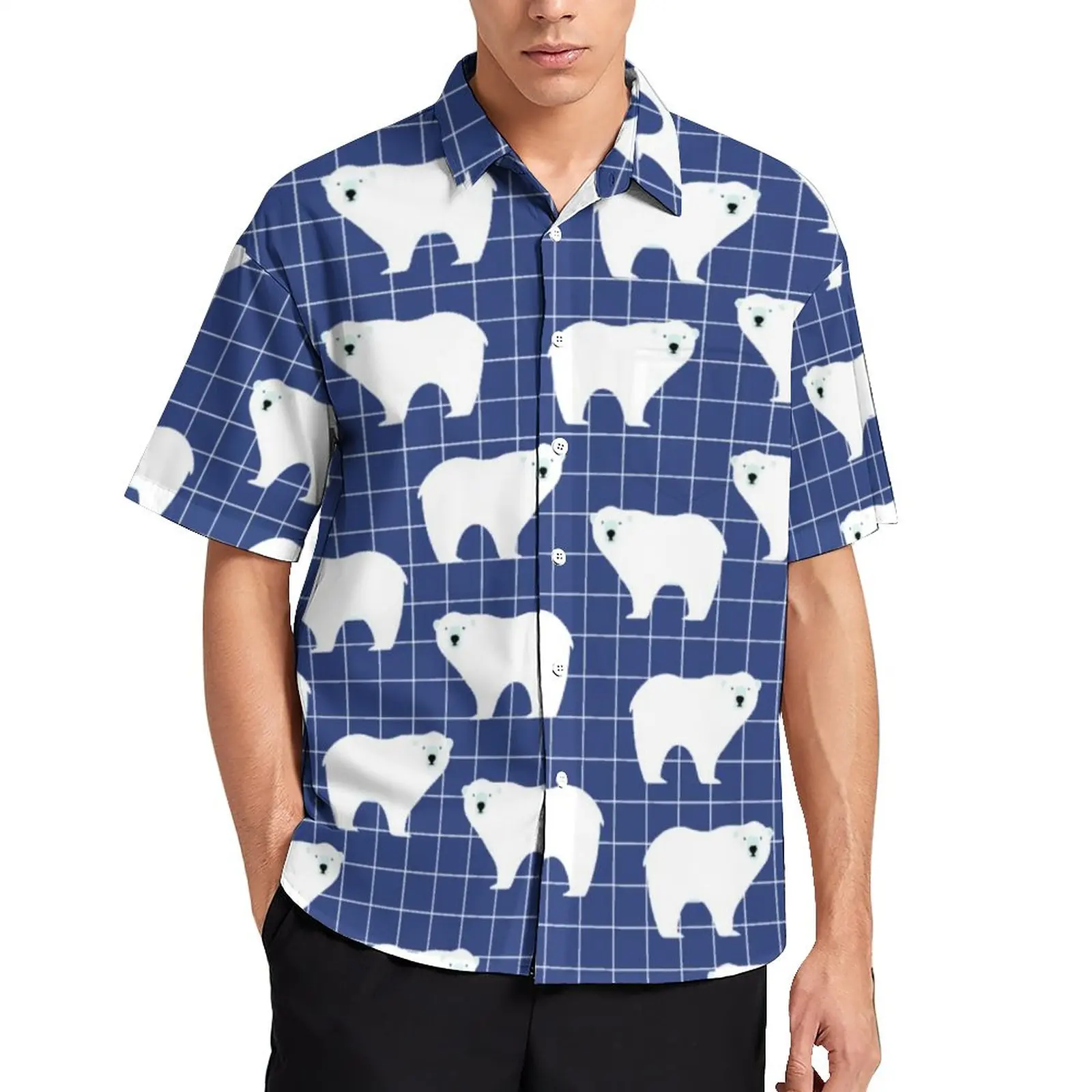 

Arctic Animal Plaid Blouses Men Polar Bear Print Casual Shirts Hawaiian Short Sleeve Pattern Streetwear Oversized Vacation Shirt