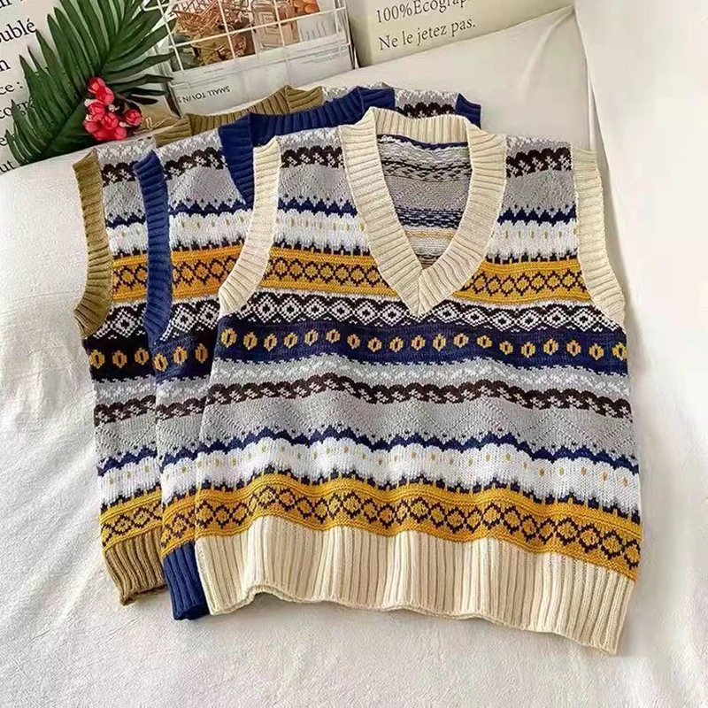 Spring Autumn Print Sweater Vest Women 2023 Korean Fashion V-Neck Knitted Waistcoat Slim Waist Vintage Sleeveless Pullover Top
Spring Autumn Print Sweater Vest Women 2023 Korean Fashion V-Neck Knitted Waistcoat Slim Waist Vintage Sleeveless Pullover Top
