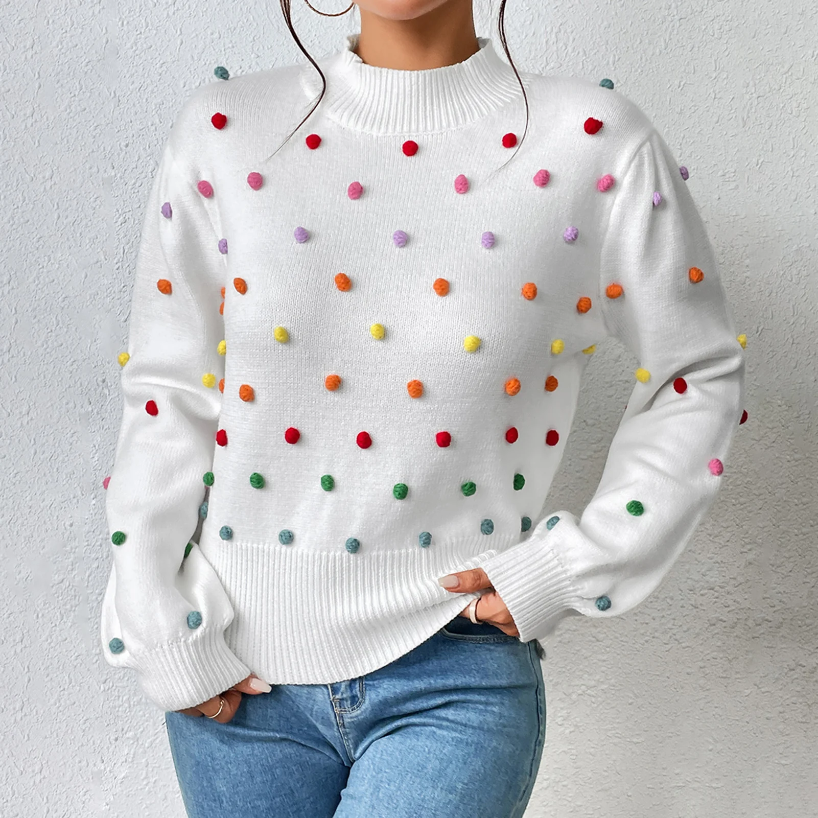 

Rainbow Pom Pom Pullover Sweater Women Solid Color Long Sleeve Loose Fit Slight Strech Cute Simple Style Female Daily Outfit