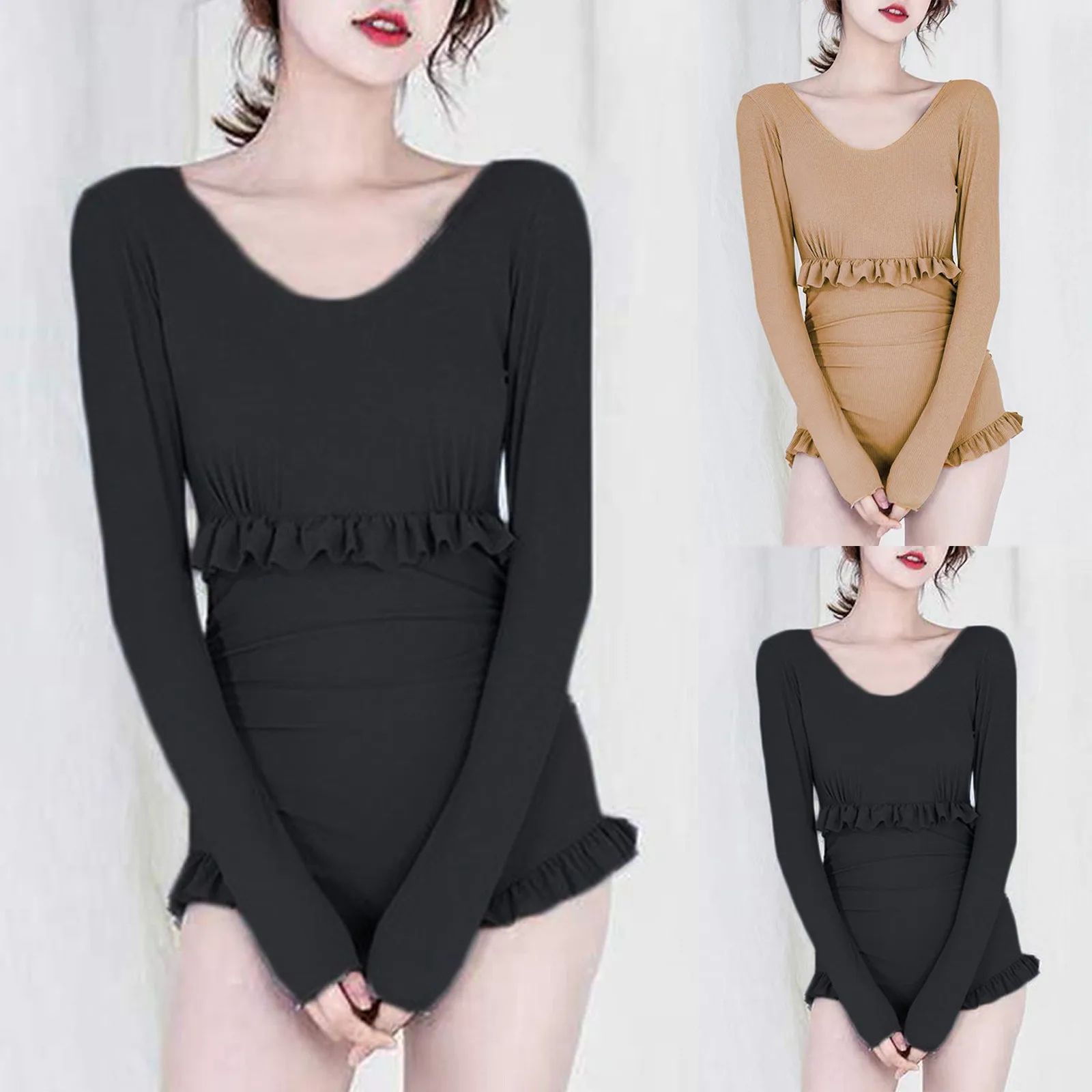 Women Solid Color V Neck Long Sleeve Ruffle Slim Sexy Backless Hot Spring One-Piece Hawaii Backless Bandage Solid Swimsuit
Women Solid Color V Neck Long Sleeve Ruffle Slim Sexy Backless Hot Spring One-Piece Hawaii Backless Bandage Solid Swimsuit