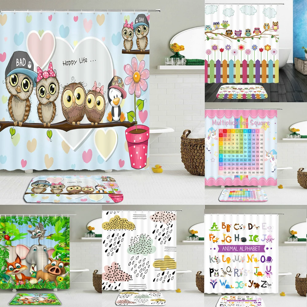 

Cartoon Owl Lovely Shower Curtains Set Mat Bathroom Waterproof 180*180cm Bath Curtain With 40*60cm Rectangle Non-slip Floor Mat