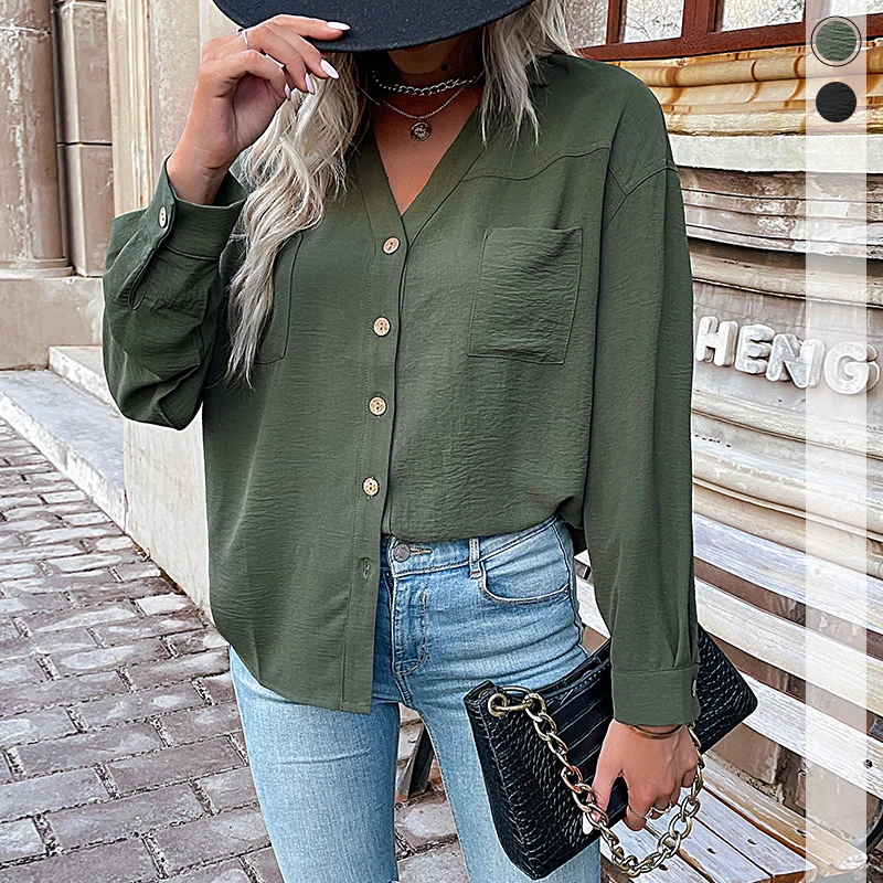 

Green Shirts For Women 2023 ashion Spring Autumn Tops Blouse Long Sleeve Casual Party Classy Cardigan Black