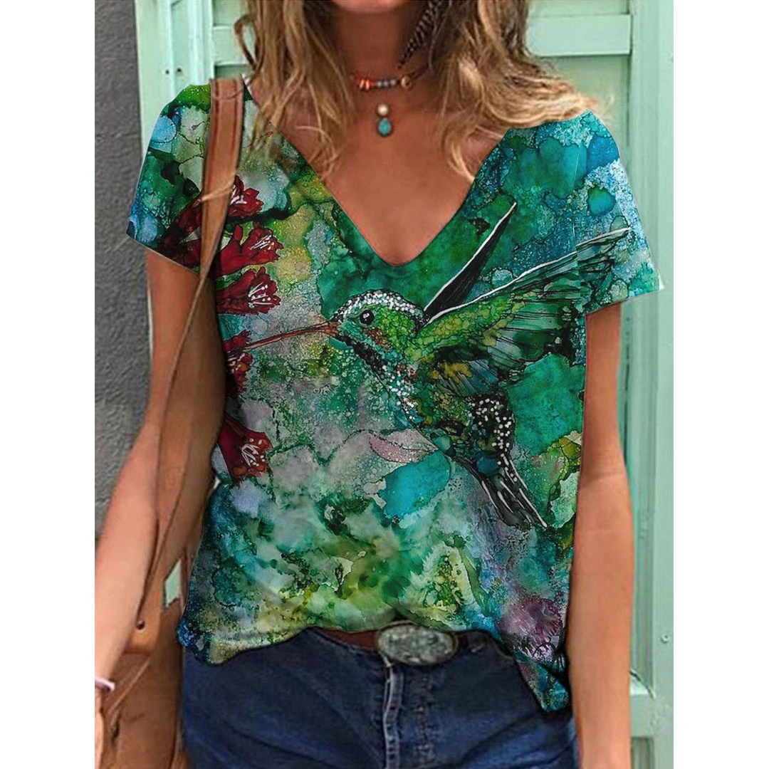 Summer Fashion Bird Floral Women's Short Sleeve Casual V-neck Loose Outdoor Sports Elegant Sexy Women's T-shirt Holiday Top
Summer Fashion Bird Floral Women's Short Sleeve Casual V-neck Loose Outdoor Sports Elegant Sexy Women's T-shirt Holiday Top