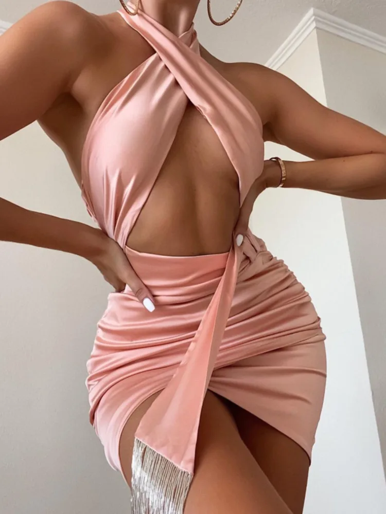 Sexy Halter Sleeveless Tassel Decoration Pink Satin Mini Dresses Women 2022 Summer Backless Bodycon Party Dress Ladies Vestidos
Sexy Halter Sleeveless Tassel Decoration Pink Satin Mini Dresses Women 2022 Summer Backless Bodycon Party Dress Ladies Vestidos